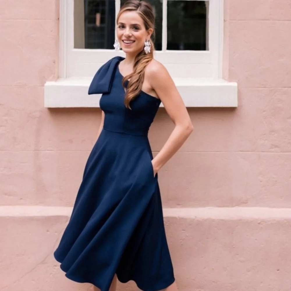 Gal Meets Glam Yvonne  One Shoulder Bow Midi Dress Size 8 Navy Blue Fit & Flare